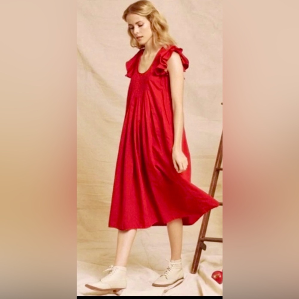 The GREAT Midi Dress Low Cut Pinafore Linen Cotton flutter sleeve in Red Size S
